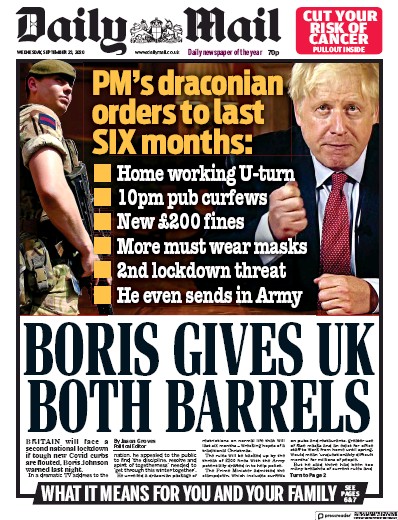 Daily Mail Newspaper Front Page for 23 September 2020
