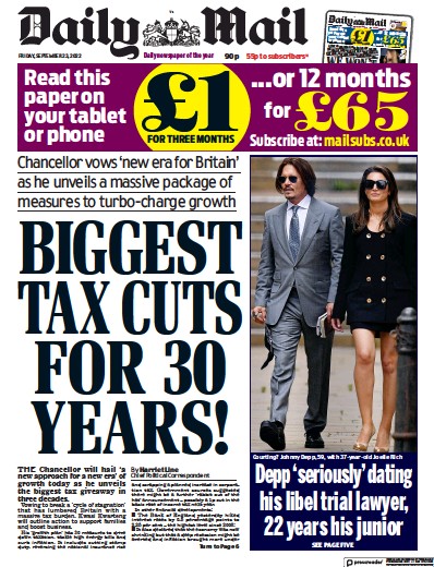 Daily Mail (UK) Newspaper Front Page for 23 September 2022