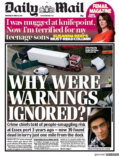 Daily Mail Newspaper Front Page for 24 October 2019