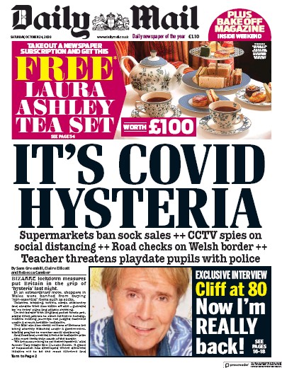 Daily Mail Newspaper Front Page for 24 October 2020