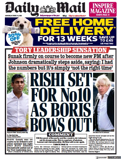 Daily Mail (UK) Newspaper Front Page for 24 October 2022