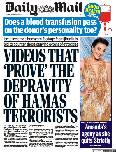 Daily Mail (UK) Newspaper Front Page for 24 October 2023