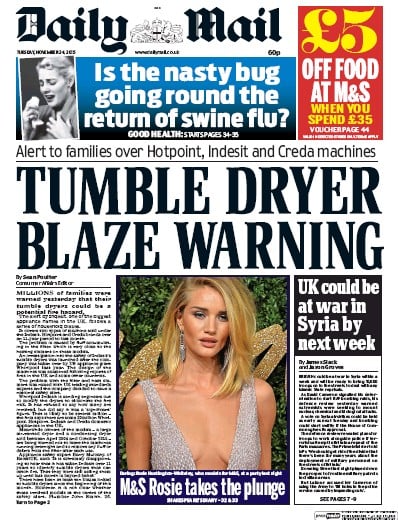 Daily Mail Newspaper Front Page for 24 November 2015