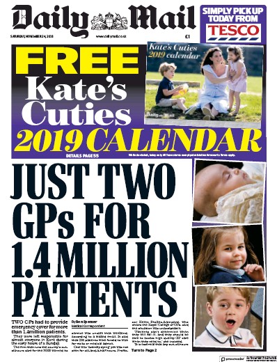 Daily Mail (UK) Newspaper Front Page for 24 November 2018