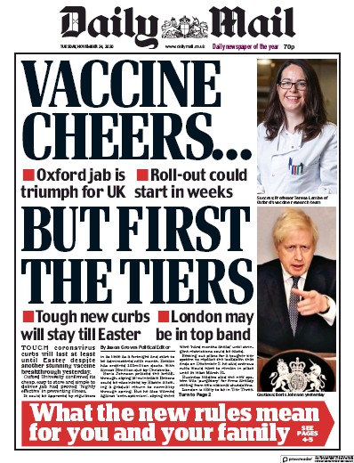 Daily Mail (UK) Newspaper Front Page for 24 November 2020
