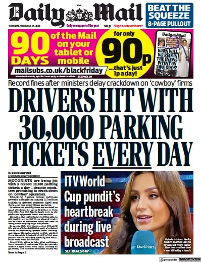 Daily Mail (UK) Newspaper Front Page for 24 November 2022
