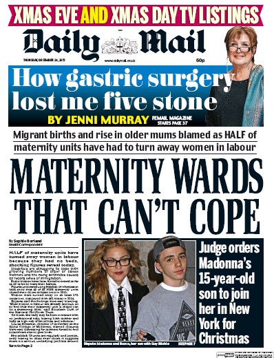 Daily Mail Newspaper Front Page for 24 December 2015