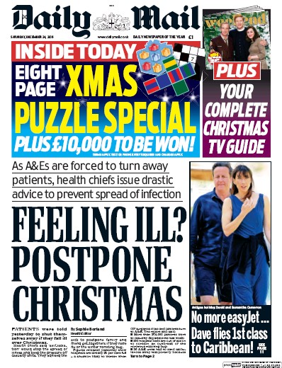 Daily Mail Newspaper Front Page for 24 December 2016