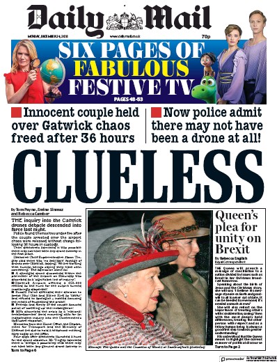 Daily Mail Newspaper Front Page for 24 December 2018