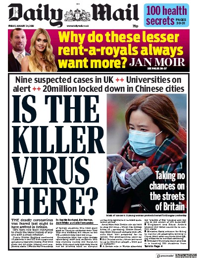 Daily Mail Newspaper Front Page for 24 January 2020