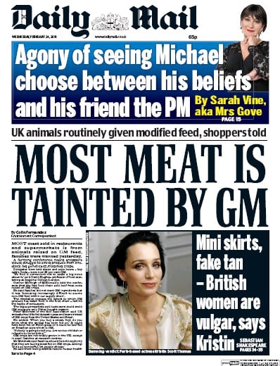 Daily Mail Newspaper Front Page for 24 February 2016