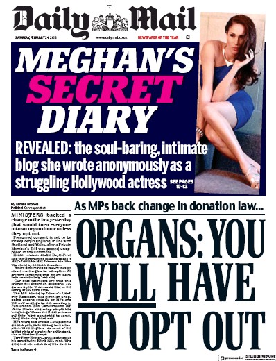Daily Mail Newspaper Front Page for 24 February 2018