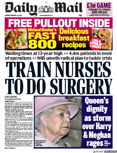 Daily Mail Newspaper Front Page for 24 February 2020