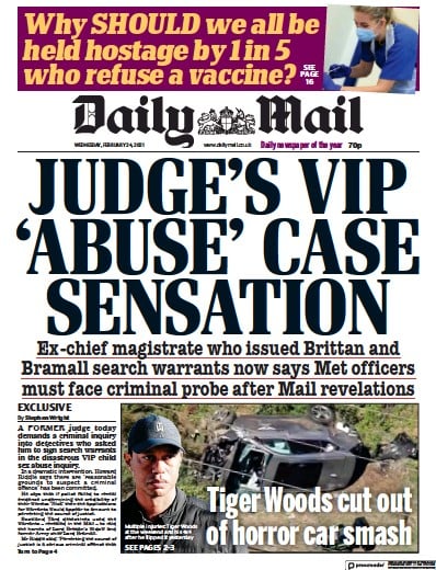 Daily Mail Newspaper Front Page for 24 February 2021