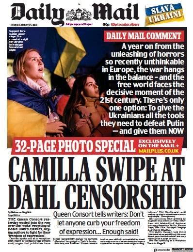 Daily Mail (UK) Newspaper Front Page for 24 February 2023