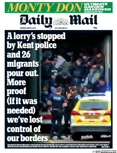 Daily Mail Newspaper Front Page for 24 March 2016