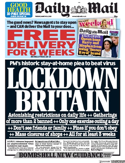 Daily Mail Newspaper Front Page for 24 March 2020