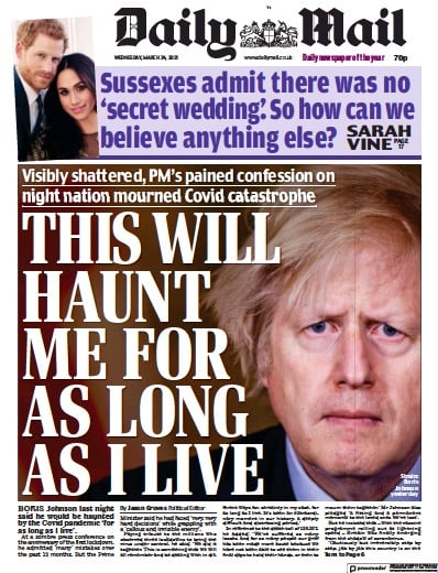 Daily Mail (UK) Newspaper Front Page for 24 March 2021