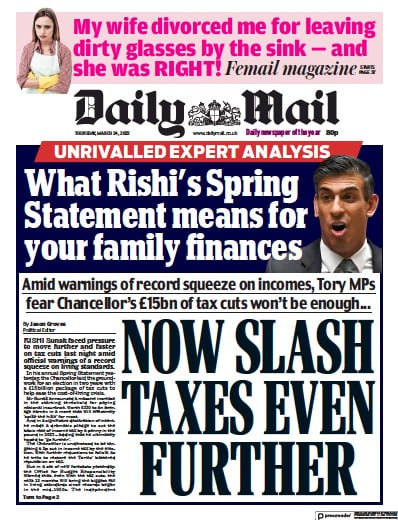 Daily Mail Newspaper Front Page for 24 March 2022