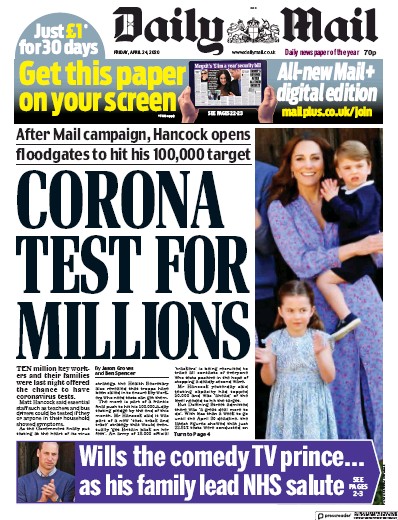 Daily Mail Newspaper Front Page for 24 April 2020