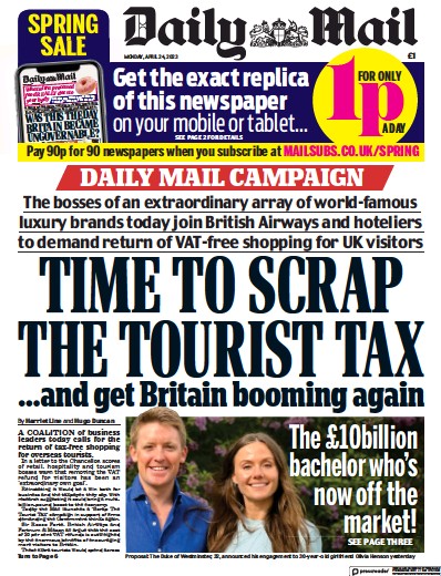 Daily Mail (UK) Newspaper Front Page for 24 April 2023