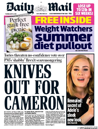 Daily Mail Newspaper Front Page for 24 May 2016