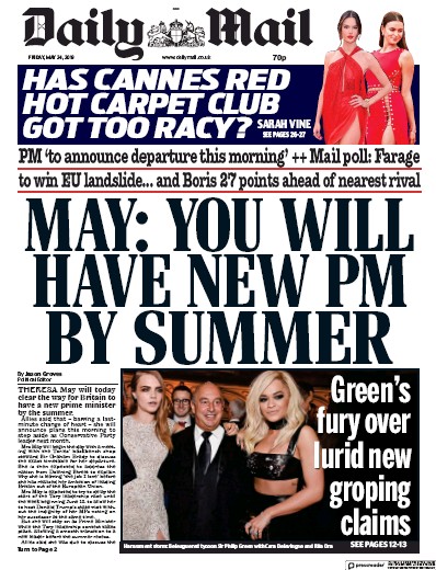 Daily Mail Newspaper Front Page for 24 May 2019