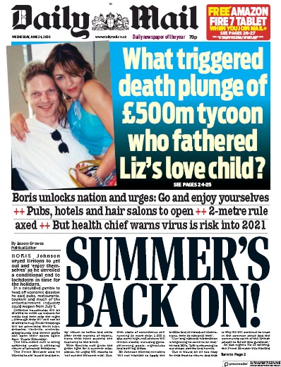 Daily Mail Newspaper Front Page for 24 June 2020