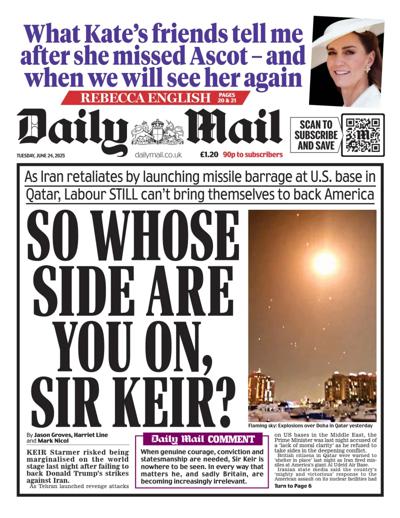 Daily Mail (UK) Newspaper Front Page for 24 June 2025