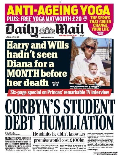 Daily Mail Newspaper Front Page for 24 July 2017
