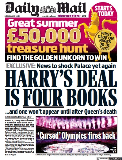 Daily Mail (UK) Newspaper Front Page for 24 July 2021