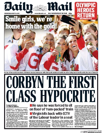 Daily Mail Newspaper Front Page for 24 August 2016