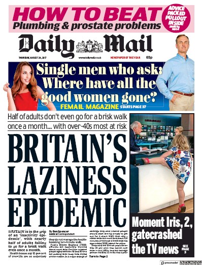 Daily Mail Newspaper Front Page for 24 August 2017