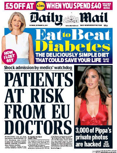 Daily Mail Newspaper Front Page for 24 September 2016