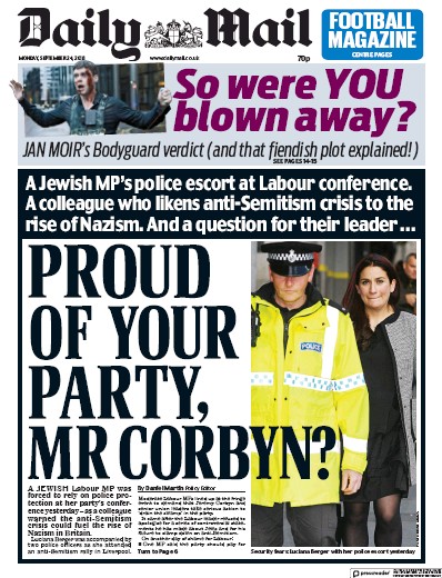 Daily Mail Newspaper Front Page for 24 September 2018