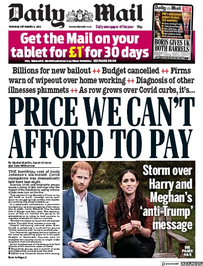 Daily Mail Newspaper Front Page for 24 September 2020
