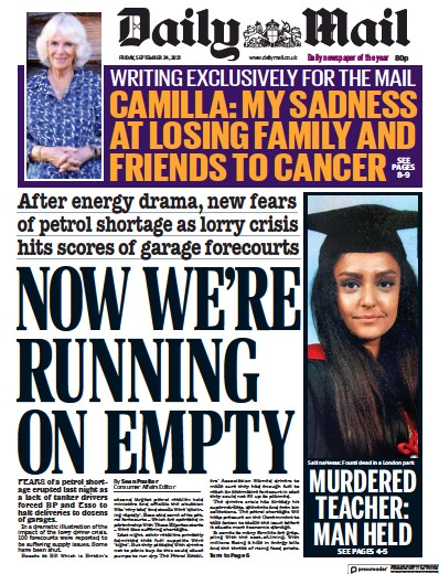 Daily Mail (UK) Newspaper Front Page for 24 September 2021