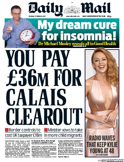 Daily Mail Newspaper Front Page for 25 October 2016