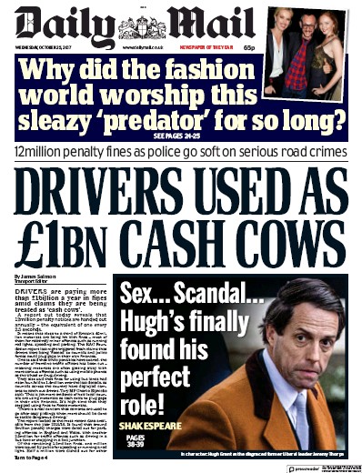 Daily Mail Newspaper Front Page for 25 October 2017