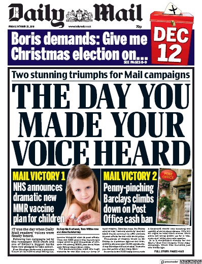 Daily Mail Newspaper Front Page for 25 October 2019
