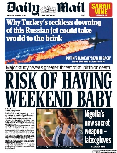 Daily Mail Newspaper Front Page for 25 November 2015
