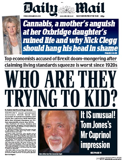 Daily Mail Newspaper Front Page for 25 November 2016