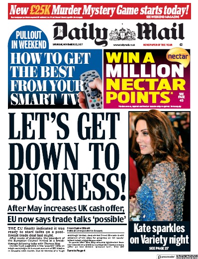 Daily Mail Newspaper Front Page for 25 November 2017