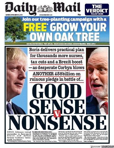 Daily Mail Newspaper Front Page for 25 November 2019