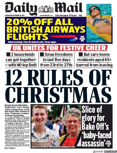Daily Mail Newspaper Front Page for 25 November 2020