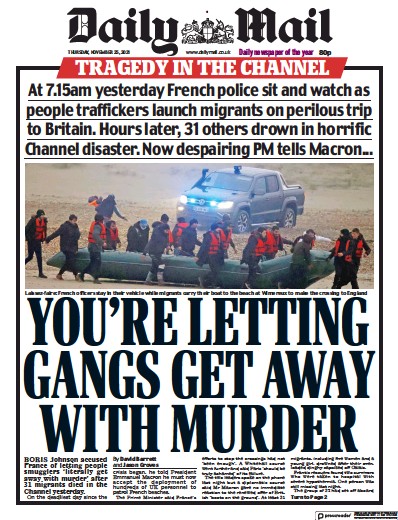 Daily Mail (UK) Newspaper Front Page for 25 November 2021