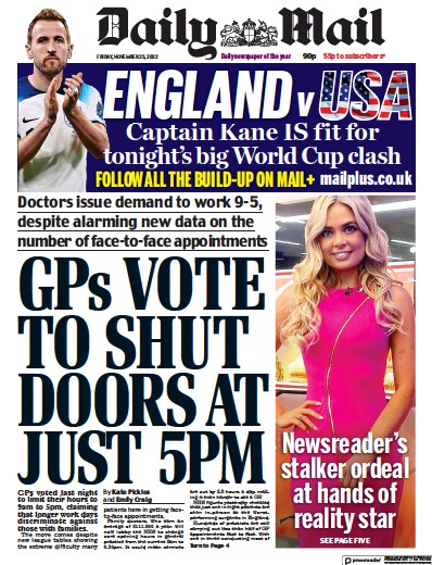 Daily Mail (UK) Newspaper Front Page for 25 November 2022