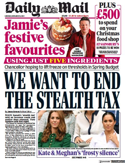 Daily Mail (UK) Newspaper Front Page for 25 November 2023