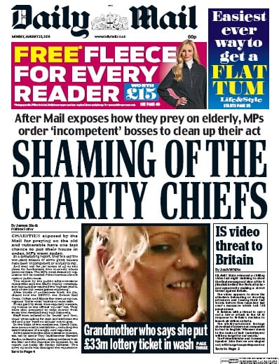 Daily Mail Newspaper Front Page for 25 January 2016