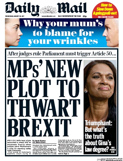 Daily Mail Newspaper Front Page for 25 January 2017